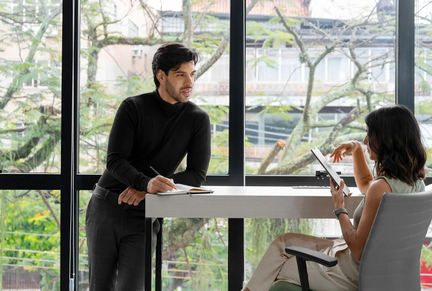 Middle-aged Hispanic business professionals